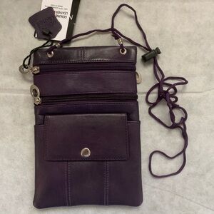 NEWAGE Purple Genuine Leather Multi Pocket Crossbody Travel Bag Purse NWT